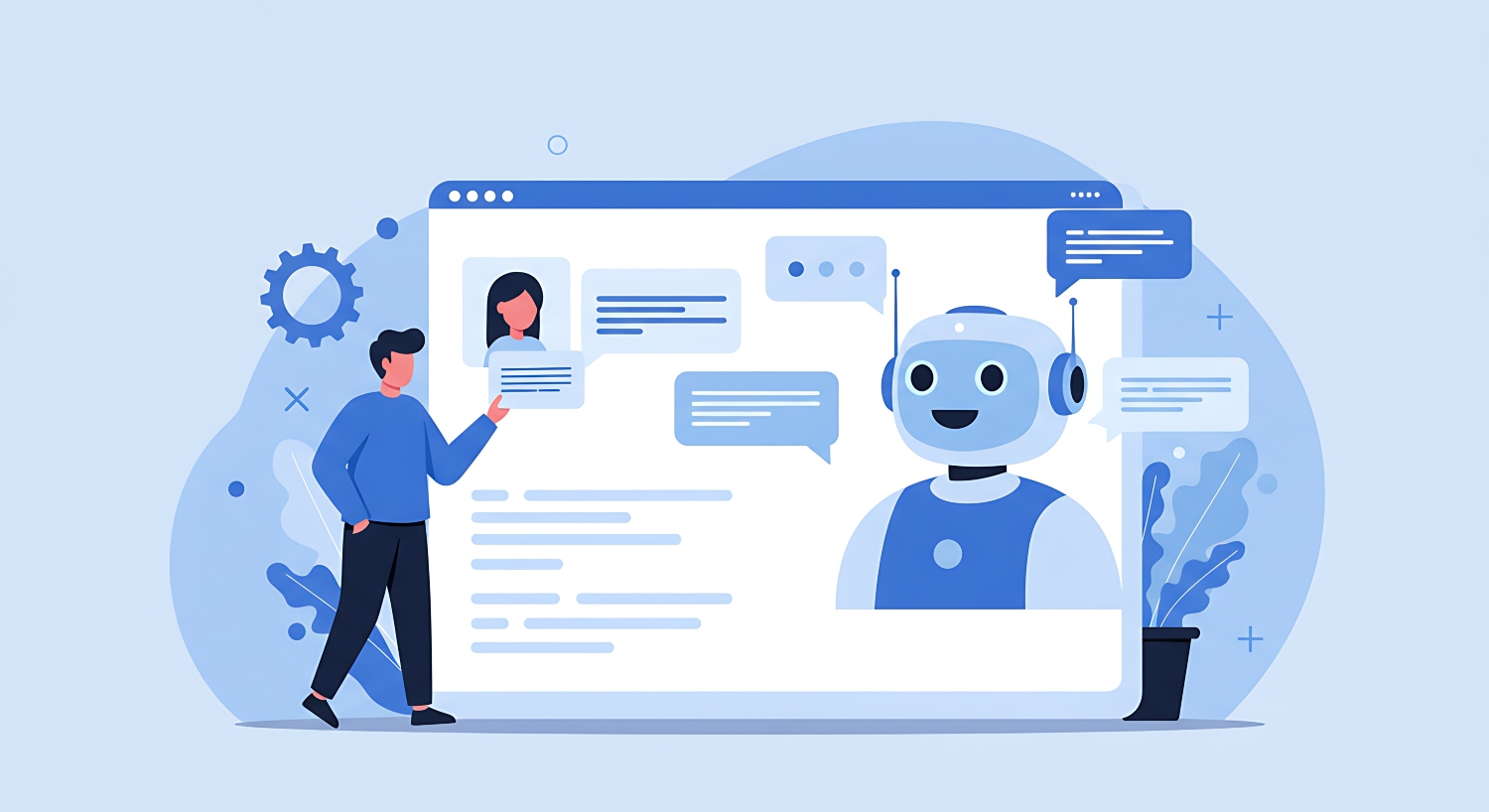 Illustration of an AI agent helping a business owner on a screen and chatbot conversations are popping up.