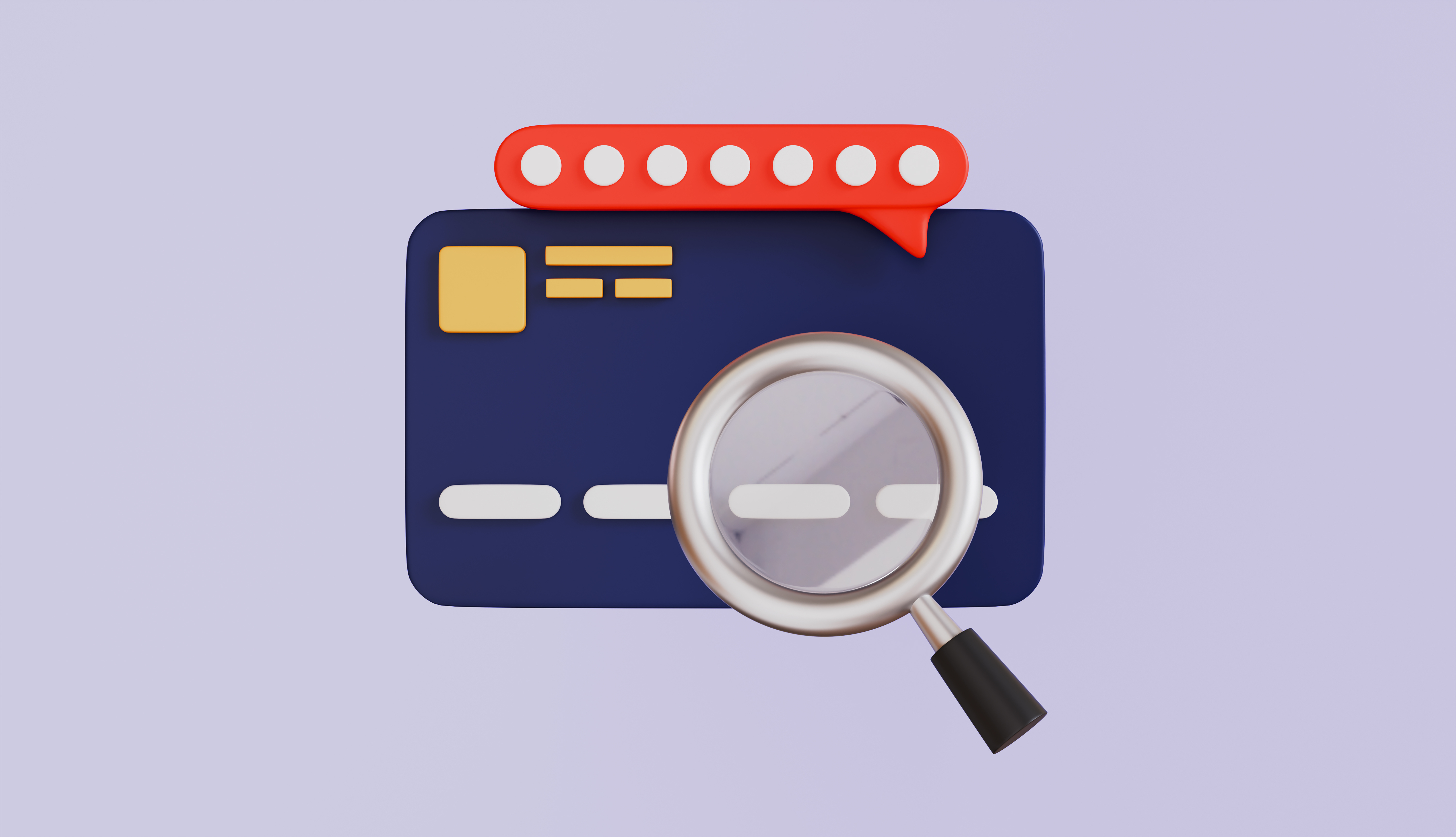 A credit card features a magnifying glass and a speech bubble with white dots.