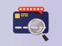 A credit card features a magnifying glass and a speech bubble with white dots.