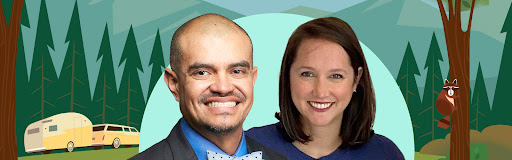 A graphic of a forest featuring Christina and Carlos' headshots