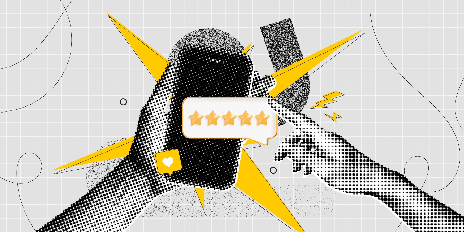 Pop art representation of a five star review on a cell phone with two hands, and a like emoji icon.