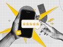 Pop art representation of a five star review on a cell phone with two hands, and a like emoji icon.