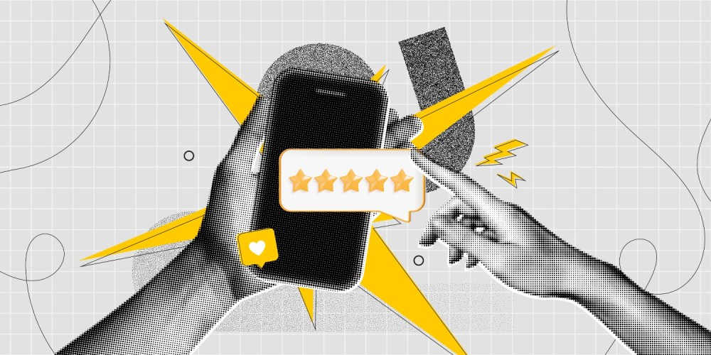 Pop art representation of a five star review on a cell phone with two hands, and a like emoji icon.