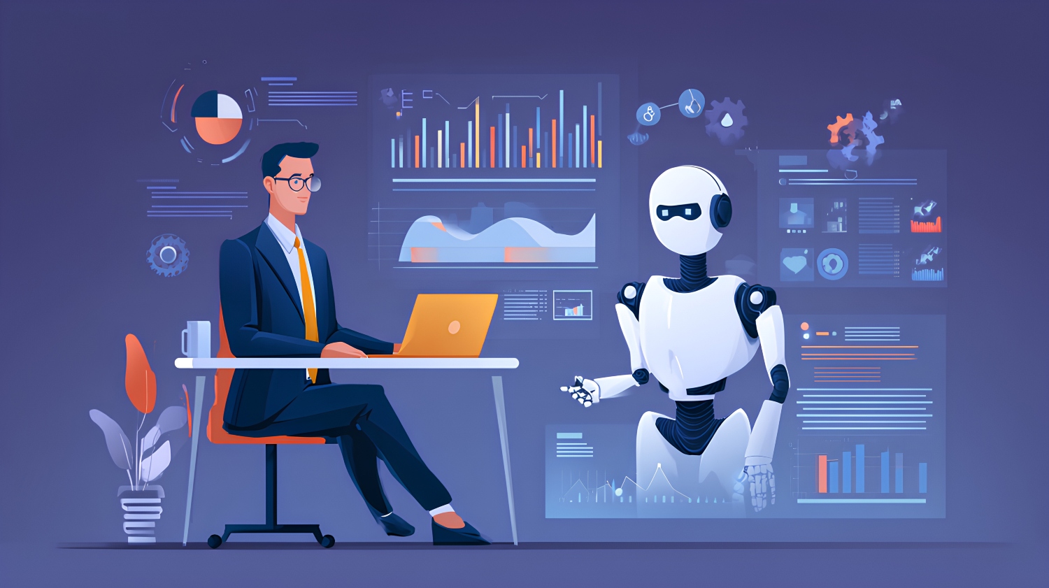 A flat illustration of an SMB owner sitting at a desk across from a robot, surrounded by charts and graphs representing how AI can help him organize his business.