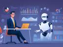 A flat illustration of an SMB owner sitting at a desk across from a robot, surrounded by charts and graphs representing how AI can help him organize his business.