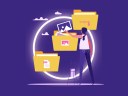 Small business owner working on CRM templates in three folders