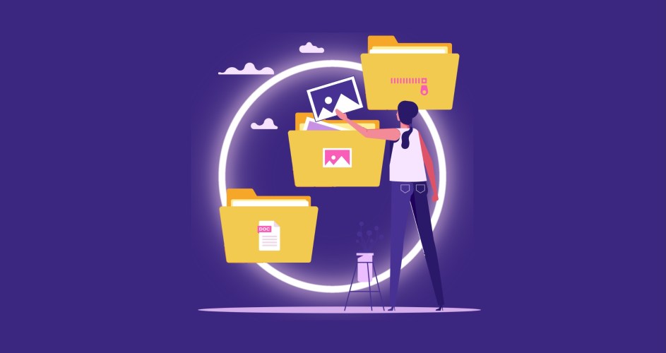 Small business owner working on CRM templates in three folders