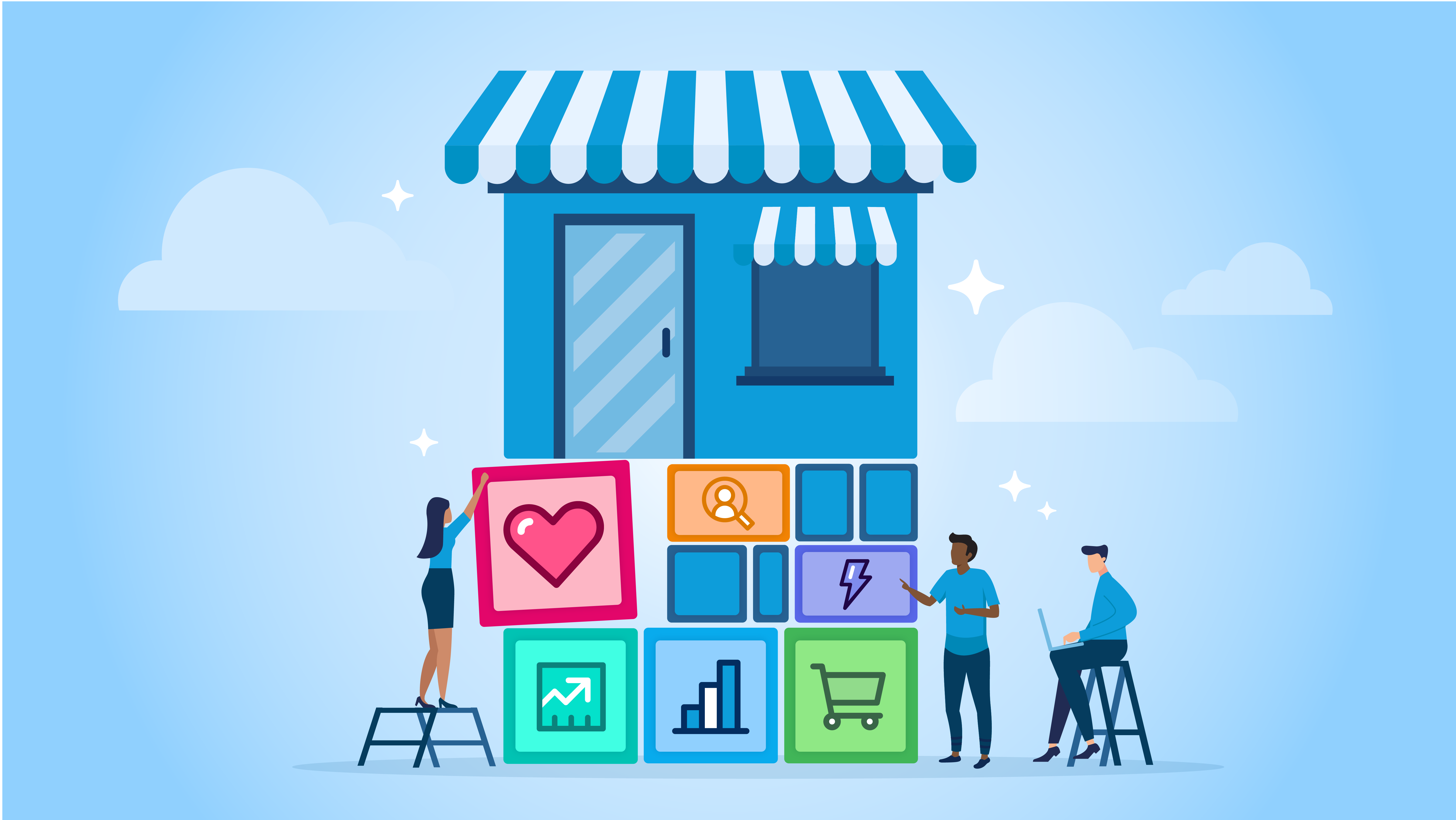 Illustration of a storefront with three people building the foundation with blocks signifying different parts of the Free Suite.