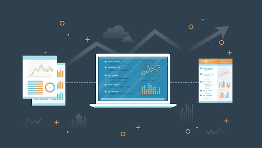 Illustration showing gated content with reports and a computer screen and charts.