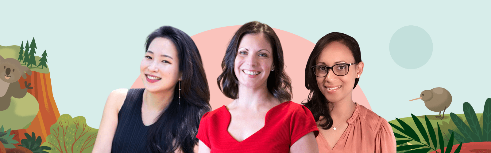 A photo of Eunbee, Kim, and Valéria against a blue and pink backdrop