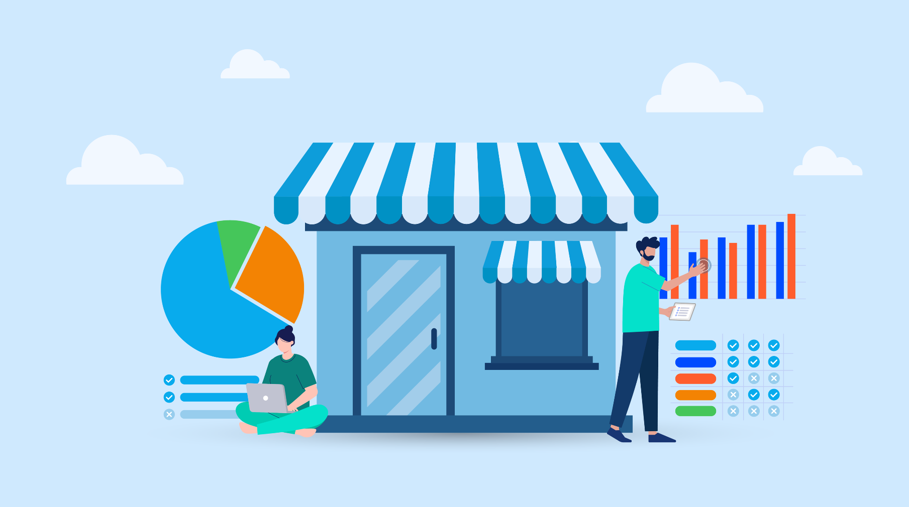 An illustration showing a small business deciding on HubSpot CRM alternatives through icons and a storefront.