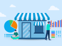 An illustration showing a small business deciding on HubSpot CRM alternatives through icons and a storefront.