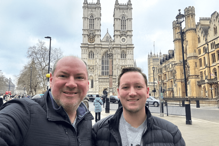 Kevin and Cameron Karagitz in front of Westminster Abbey
