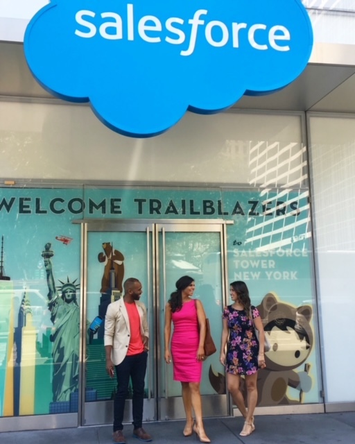 Ashley-Rose with two colleagues outside of the Salesforce New York Tower entrance.