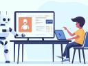 A man takes notes on a laptop as a robot instructs him on AI skills on a larger screen.