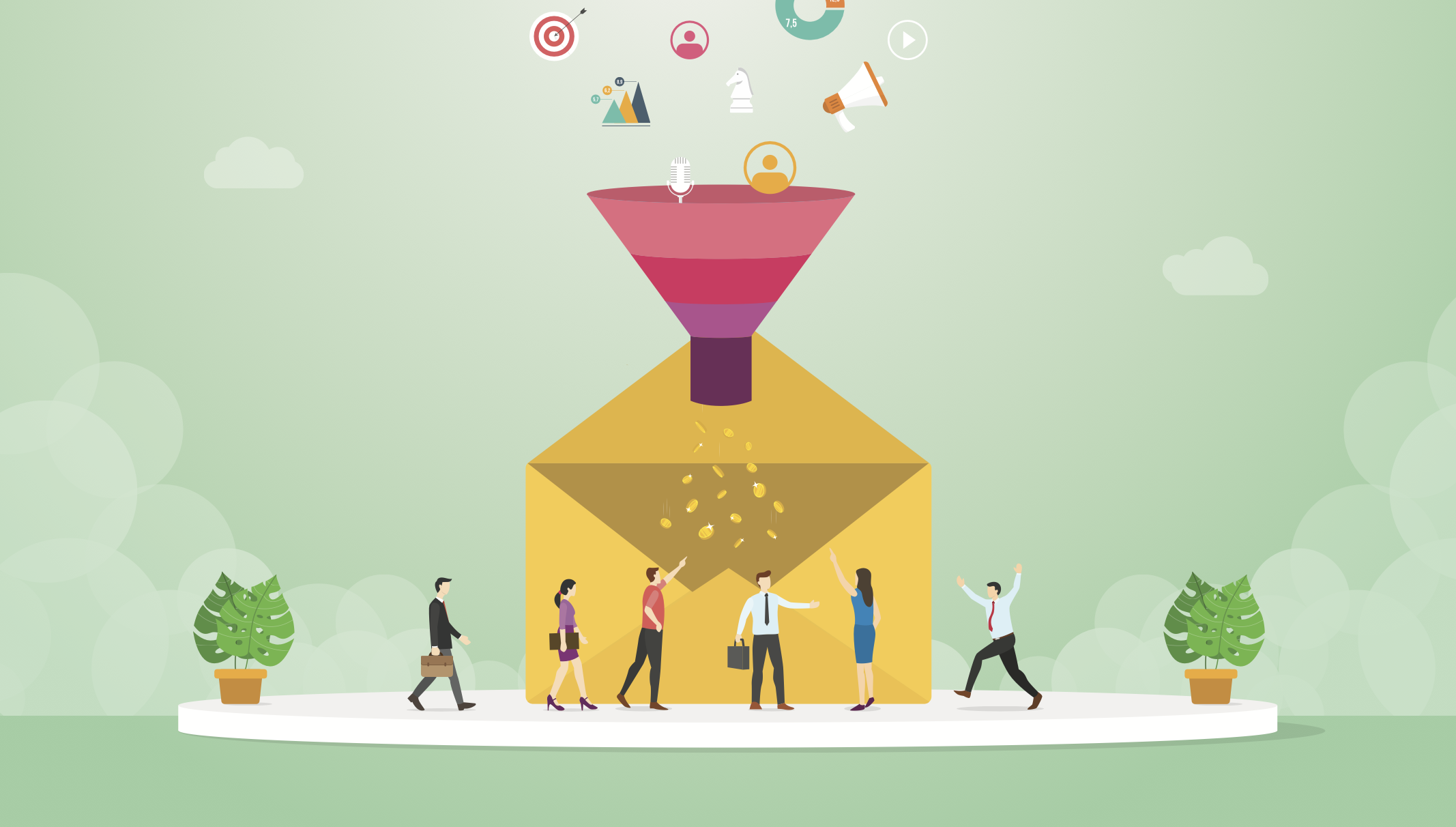 Illustration of lead management for small business owners showing a funnel of leads oversized.