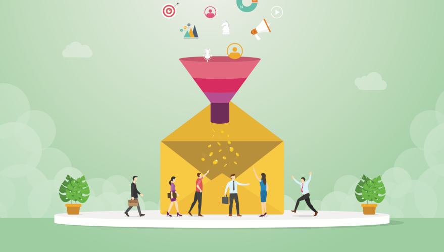 Illustration of lead management for small business owners showing a funnel of leads oversized.