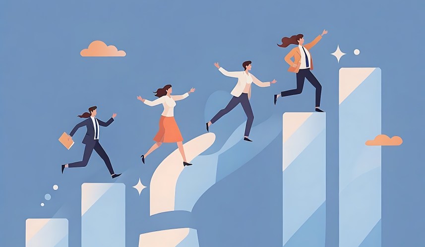 Illustration of a small business team on a chart going upward with the help of a “hand” representing leadership coaching.