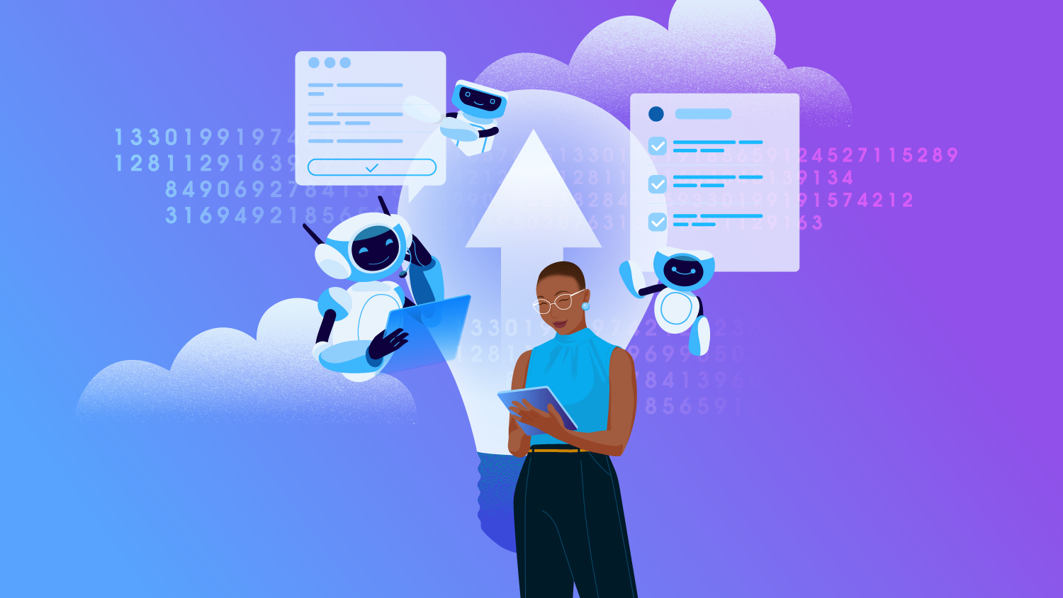 An illustration of the agentic enterprise, showing a woman using a tablet and smaller agents in the background helping her with tasks.