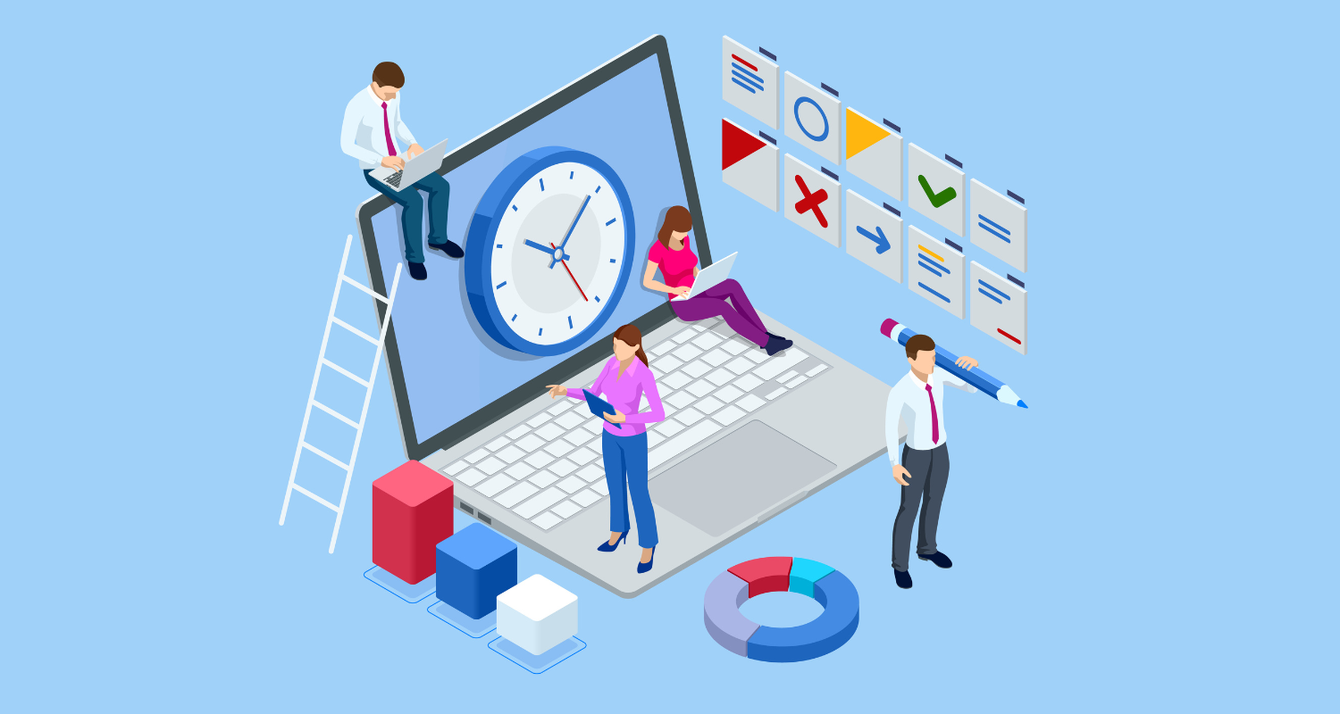 Illustration of a small business team using an oversized time management tool.