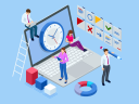 Illustration of a small business team using an oversized time management tool.