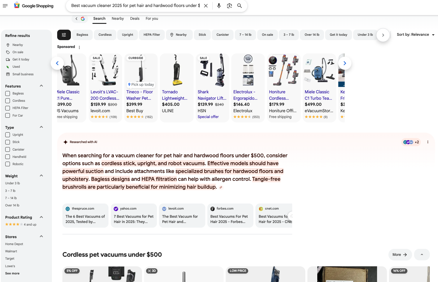 Image of an AI-generated overview on a Google Shopping results page