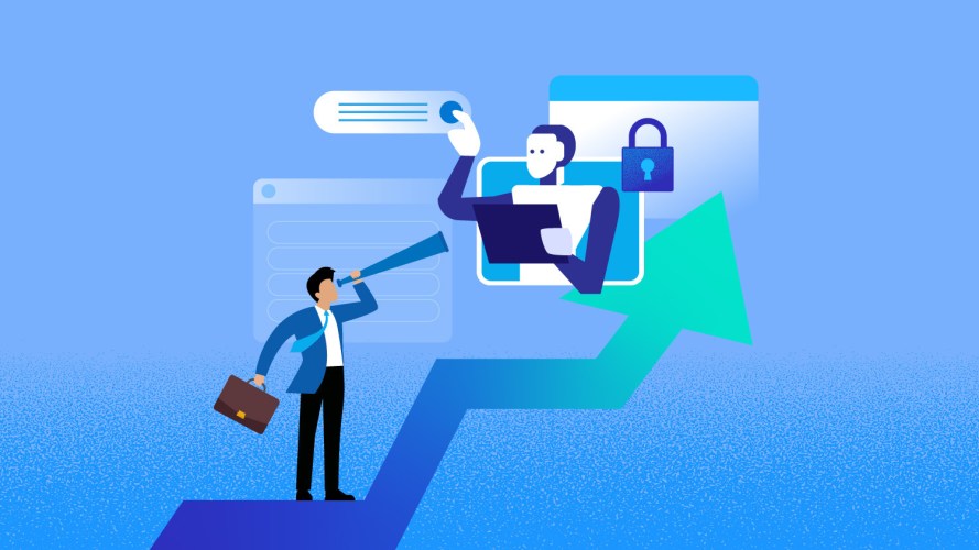 Illustration showing enterprise knowledge in the form of an AI agent helping a human