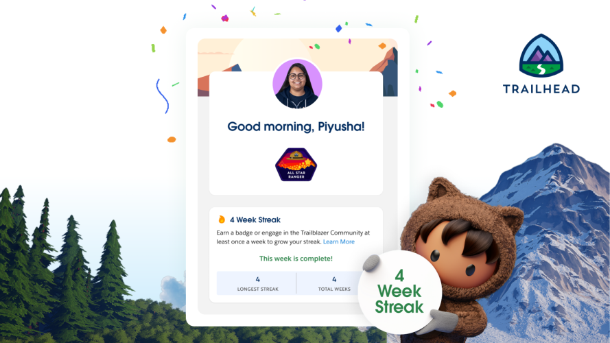 Image of Trailhead Platform Today Page with the new Streaks feature on it. Astro is in the corner holding a sign that says 4 week streak