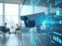 CCTV camera with futuristic digital interface against modern office