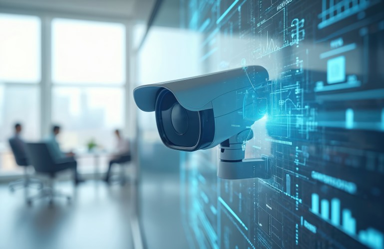 CCTV camera with futuristic digital interface against modern office
