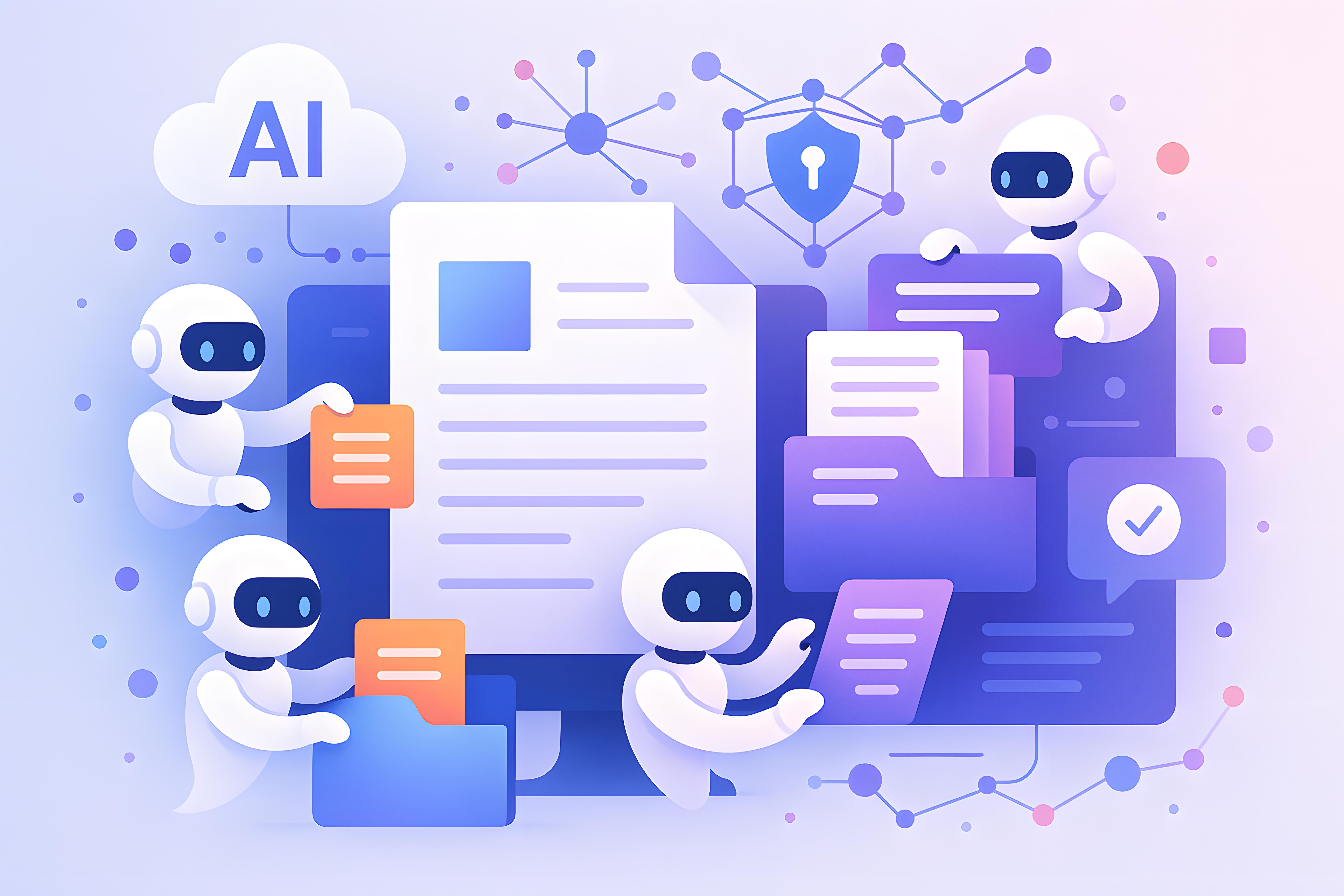 Illustration showing robots engaging with documents, emphasizing automation, AI technology, and data security in a modern digital landscape.