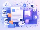 Illustration showing robots engaging with documents, emphasizing automation, AI technology, and data security in a modern digital landscape.