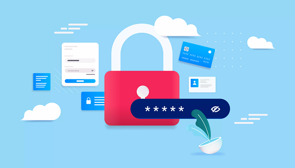 Illustration showing a lock hovering near login forms and a password field.