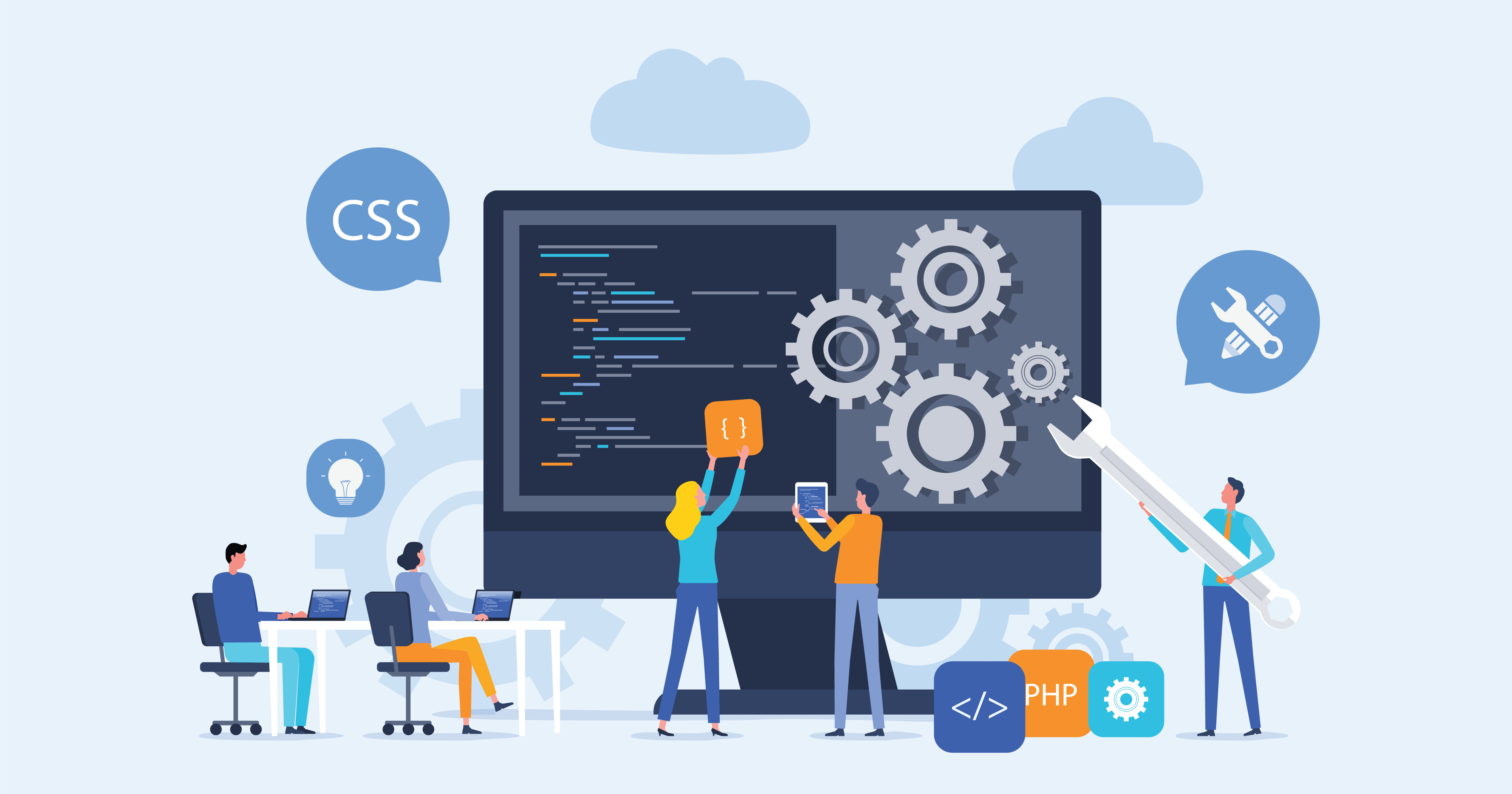 Five people working on a large computer screen. The screen displays code and has gears turning behind it, while the people hold tools and elements like CSS, PHP, and code brackets.
