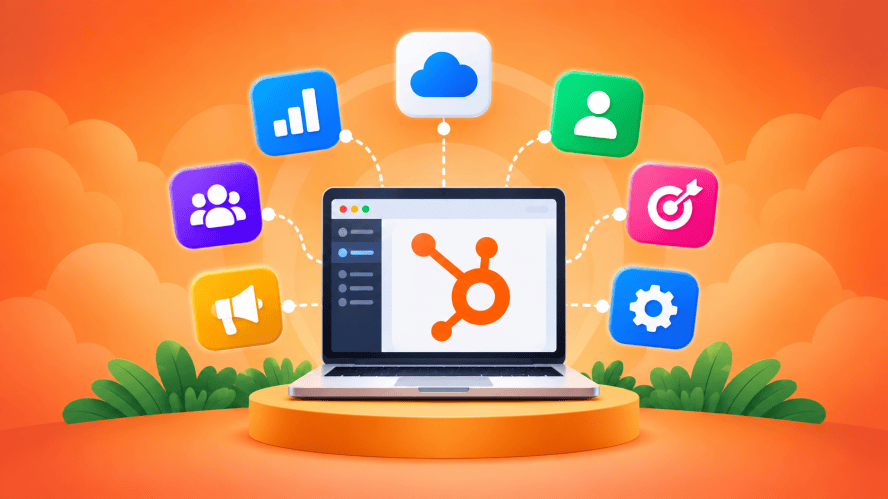 Illustration of HubSpot alternatives featuring a laptop with an orange CRM hub icon, surrounded by colorful icons representing cloud software, analytics, marketing, customer management, and business tools on an orange gradient background.