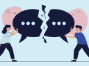 Illustration of two people pushing against and oversized speech bubble that's split jaggedly down the middle, signifying a broken conversation.