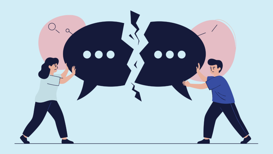 Illustration of two people pushing against and oversized speech bubble that's split jaggedly down the middle, signifying a broken conversation.