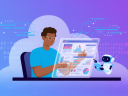 Collaborative AI work scene with a person and robot interacting with data visualizations, depicting the balance between automation and human oversight.