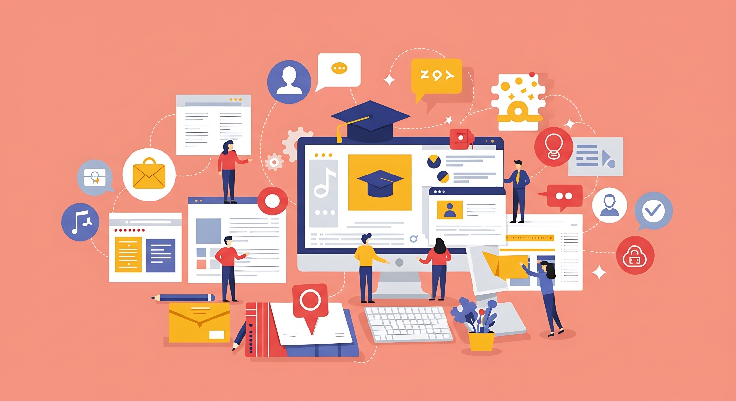 Illustration showing a business team learning from free resources online, represented by icons.