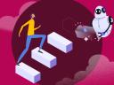 Illustration of person climbing up stairs laid out for them by a robot