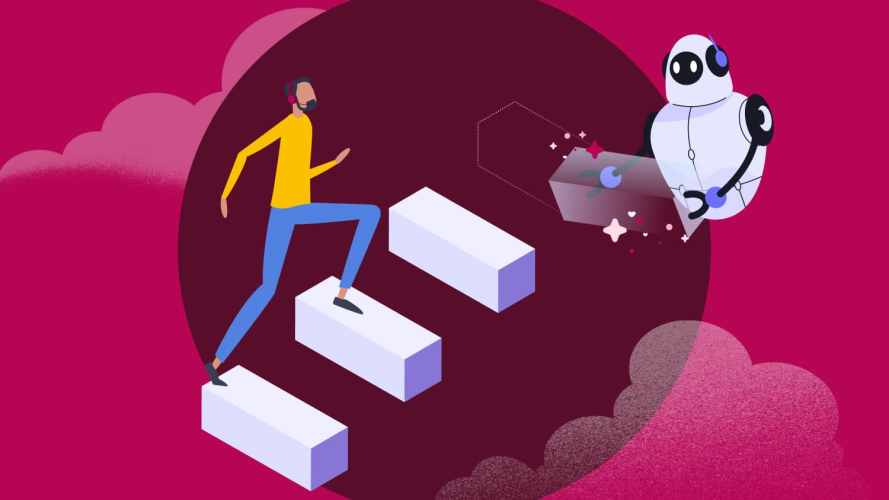Illustration of person climbing up stairs laid out for them by a robot