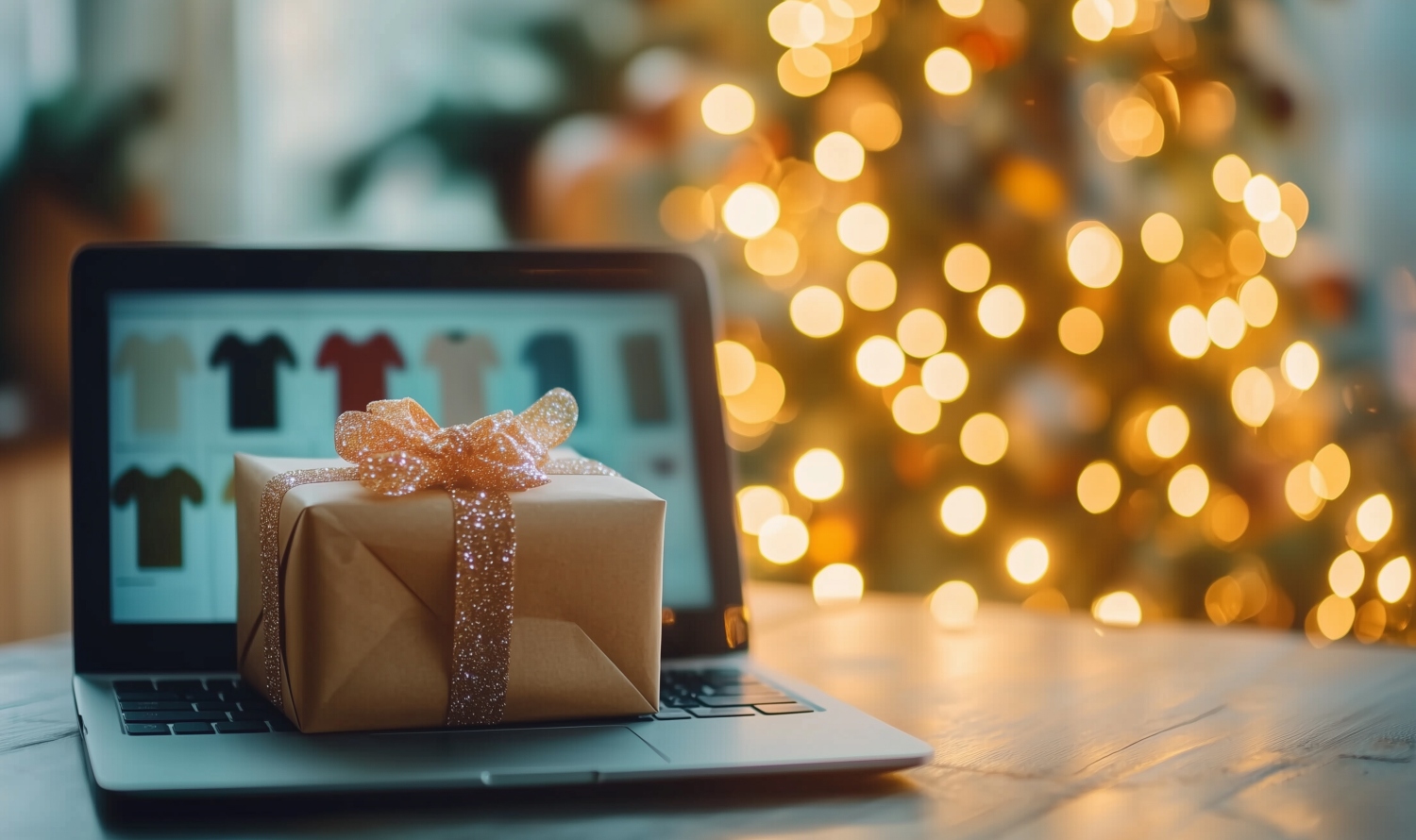 A computer with gifts on top showing holiday marketing AI SEO strategies in front of a Christmas tree.