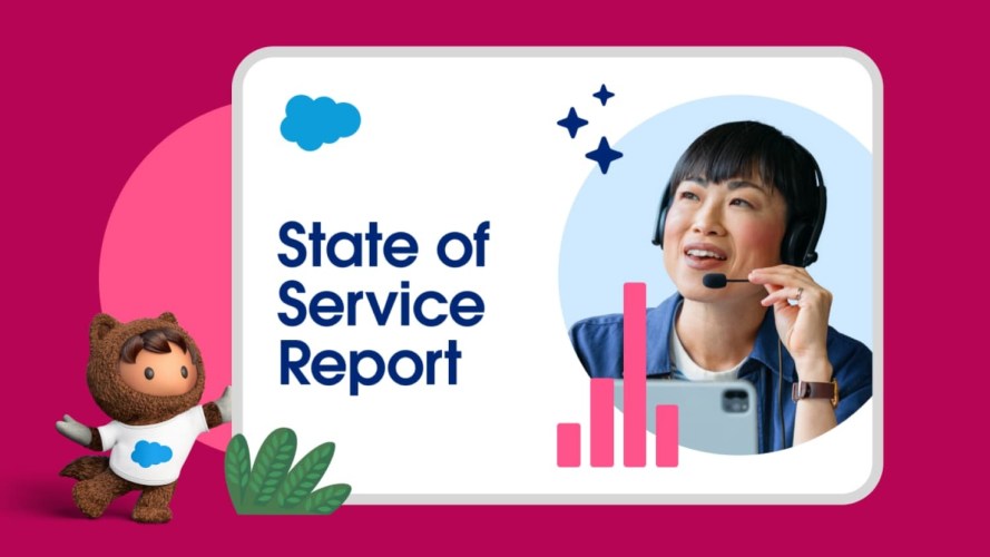 A service representative speaking into a headset besides the words "State of Service Report."