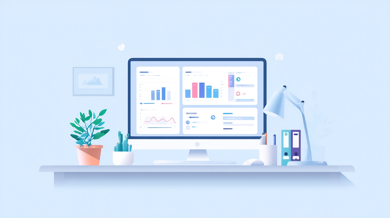 Illustration of a dashboard computer using task management tools on a desk with plant and lamp.