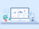 Illustration of a dashboard computer using task management tools on a desk with plant and lamp.