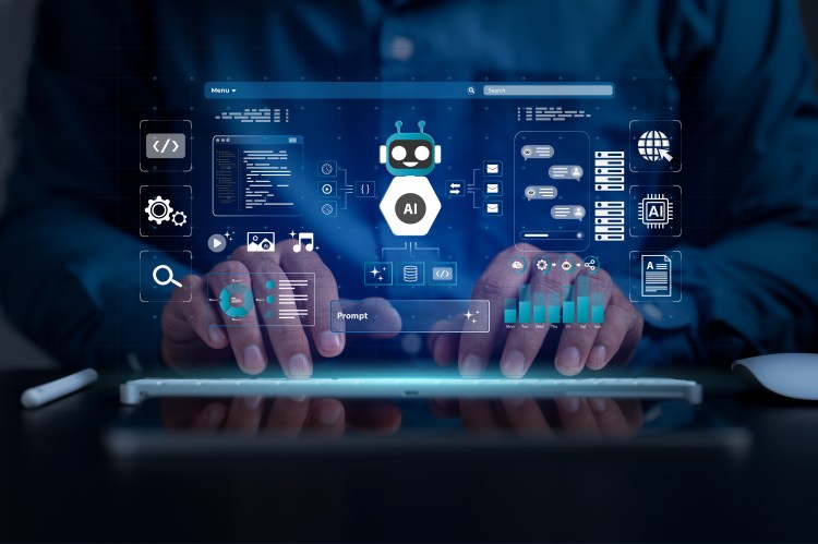 AI agent, AI workflow automation and generative artificial intelligence concept. Prompt Engineering in AI Chatbot llm Application, Robotic Assistant with laptop dashboard chat message and Big data.