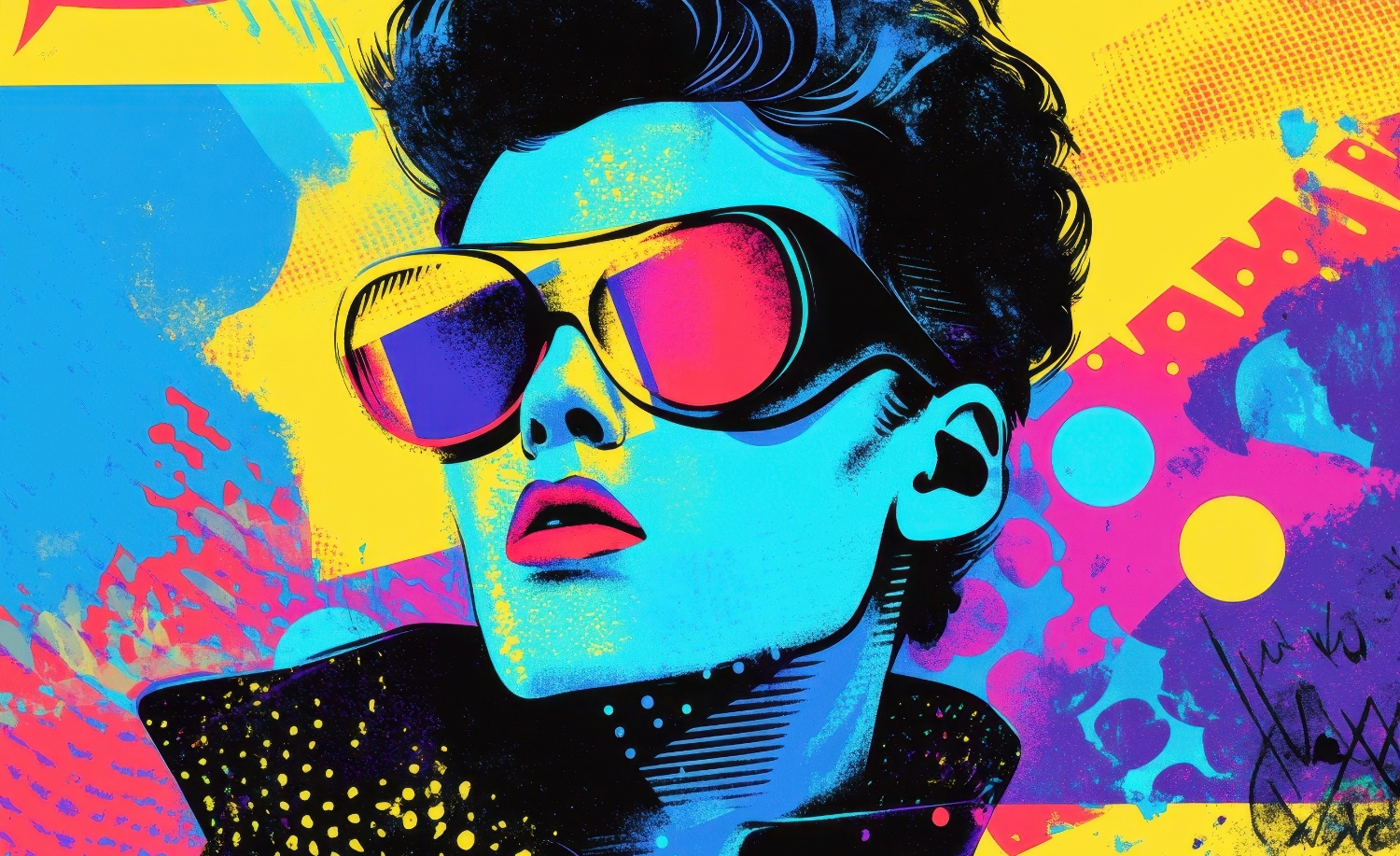 Illustration showing vibe marketing through bold colored lines and a silhouette of a man wearing large sunglasses.