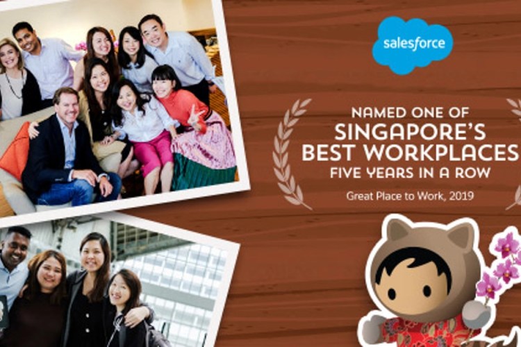 Photos of Salesforce Singapore employees and the title: "Named on of Singapore's best workplaces five years in a row"