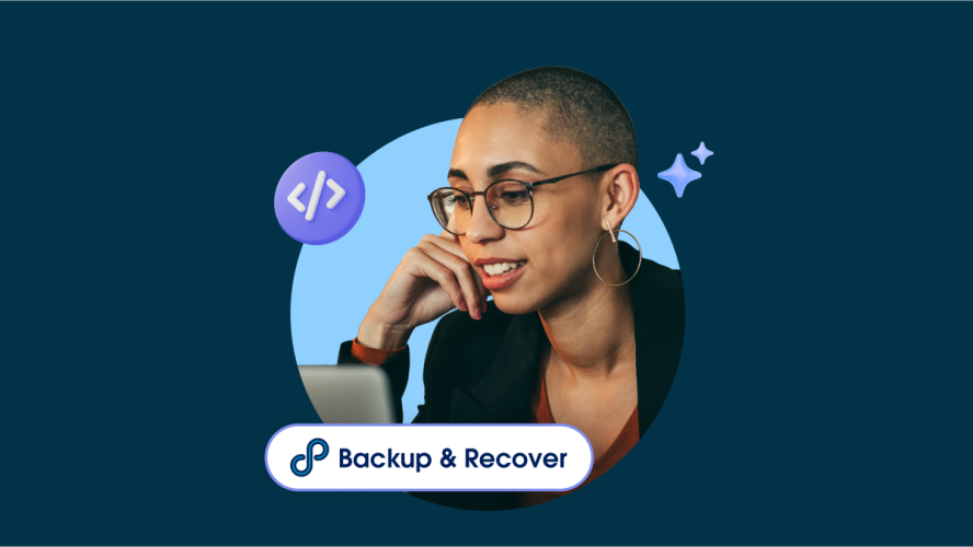 A focused professional wearing glasses and a business jacket works on a laptop. A 3D code icon floats near her head, and a "Backup & Recover" button is at the bottom of the image.