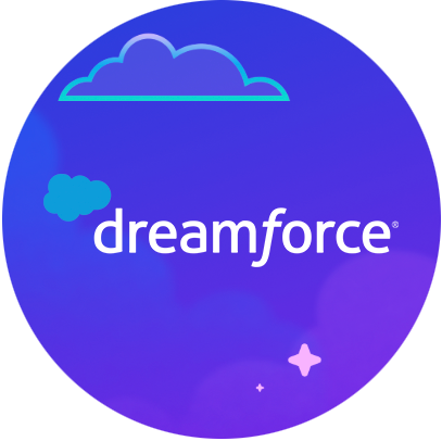 Dreamforce logo within a circle of purple gradient with a cloud and sparkle